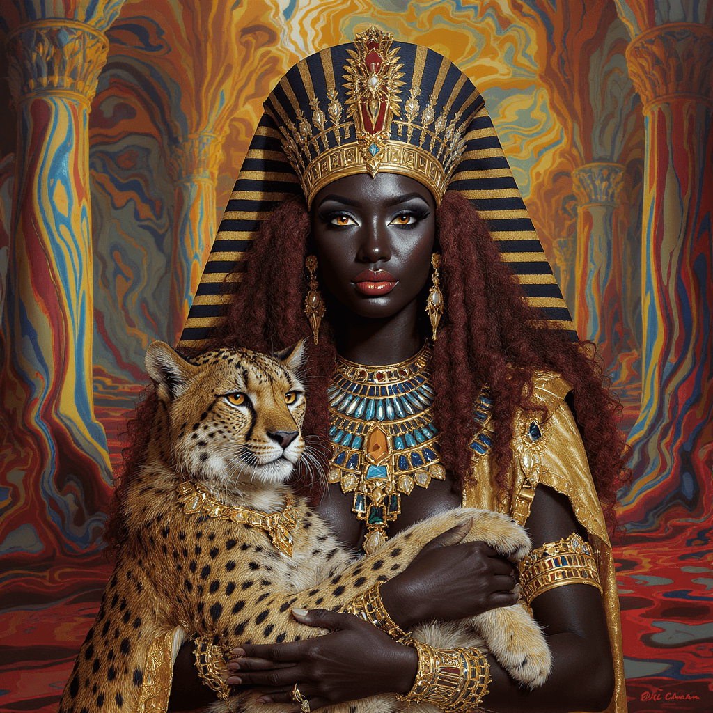 AI generated: Centered image. 400 pixels. Beautiful melanated fantasy queen in ornate ancient Egyptian headdress, ...