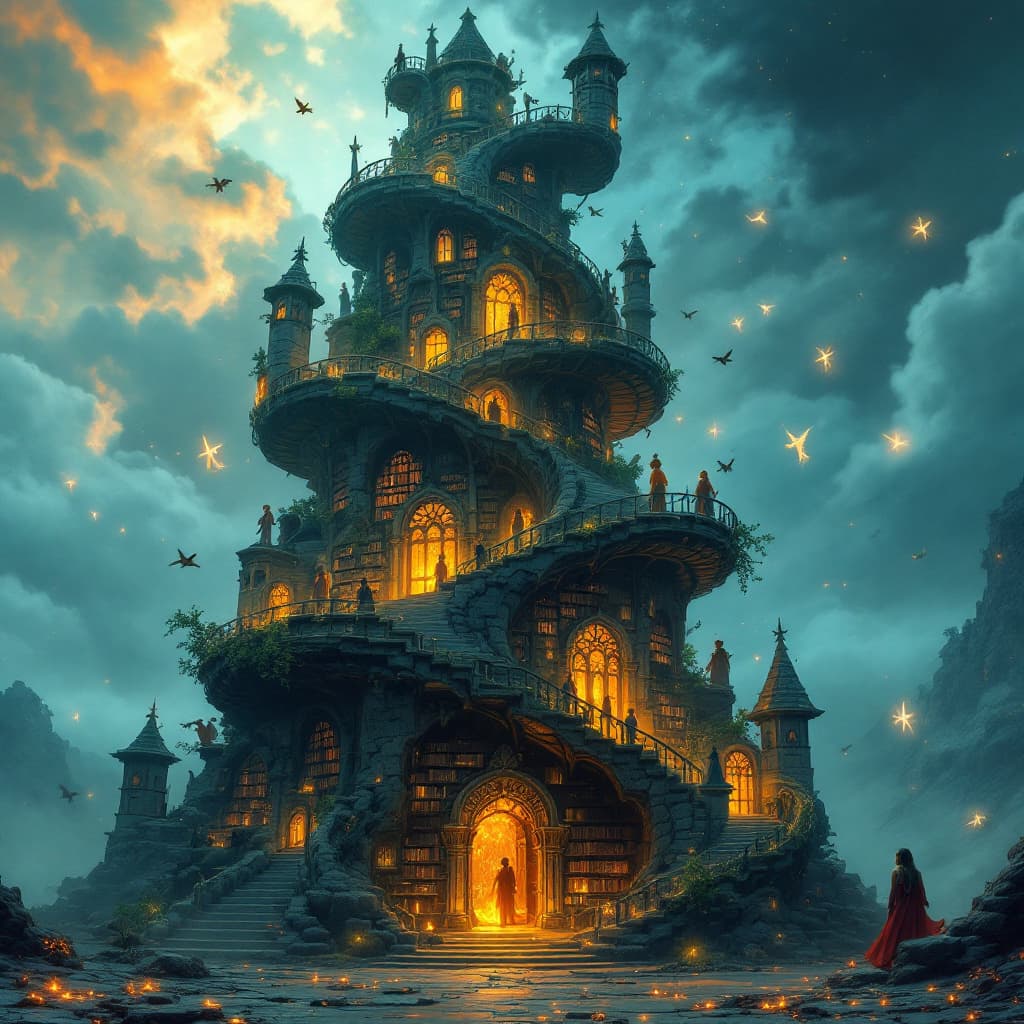 AI generated: 27.	26.	magical library shaped like a spiraling tower, glowing runes floating in air --v 7 --style m...