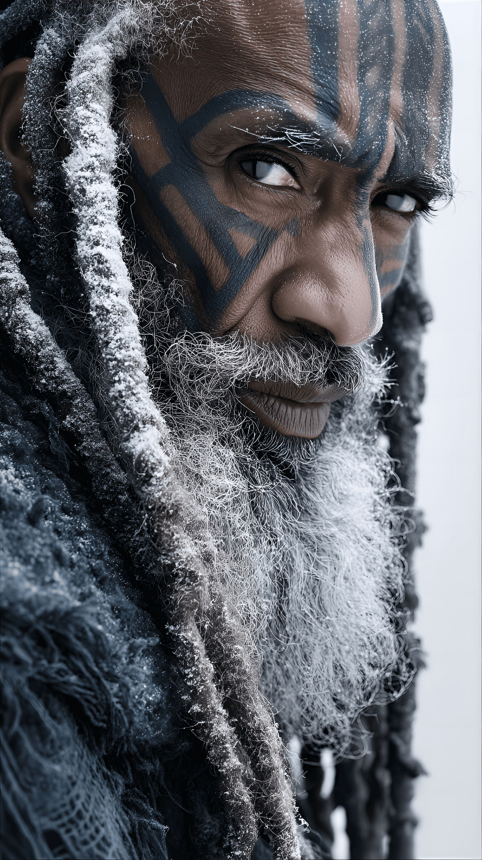 AI generated: Mature Black man, 50s-60s, with intricately patterned dark gray/black markings on his face, suggesti...