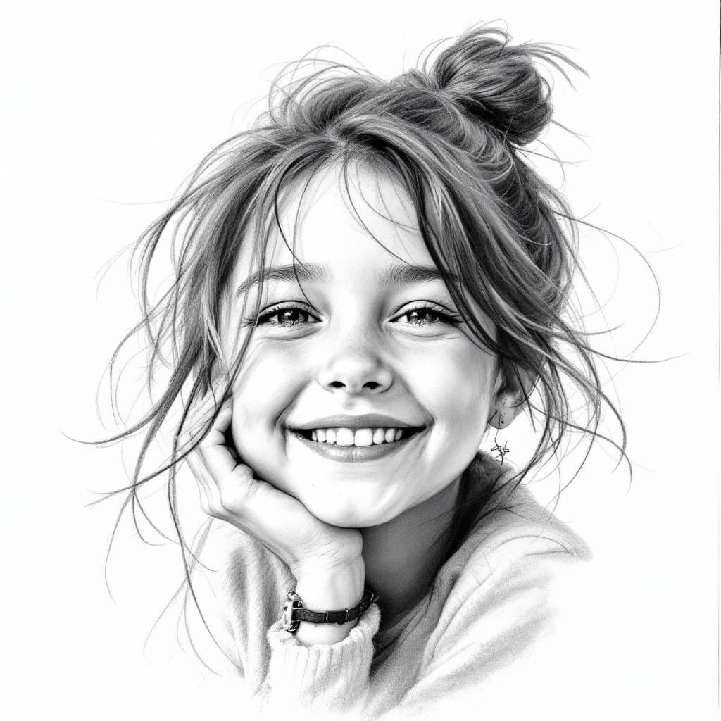 AI generated: Charcoal sketch of a happy girl, calm, b&w