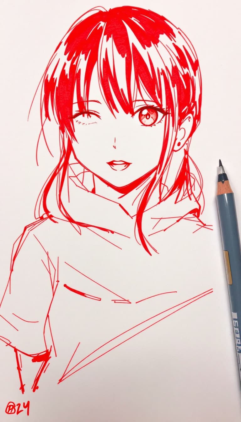 AI generated: girl, red pen drawing, sketch, anime, expressive
