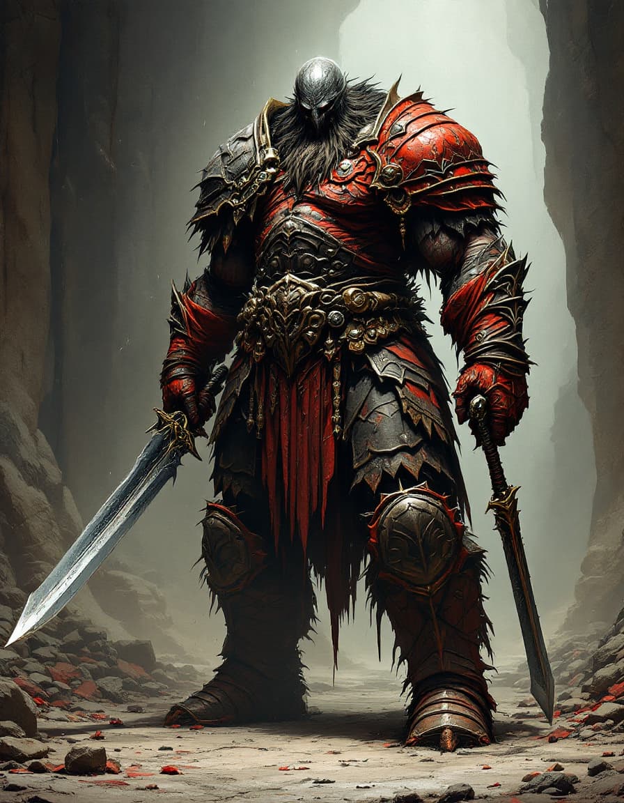 AI generated: World of Warcraft illustration of a large viking character with swords, dark bronze and red, crumple...