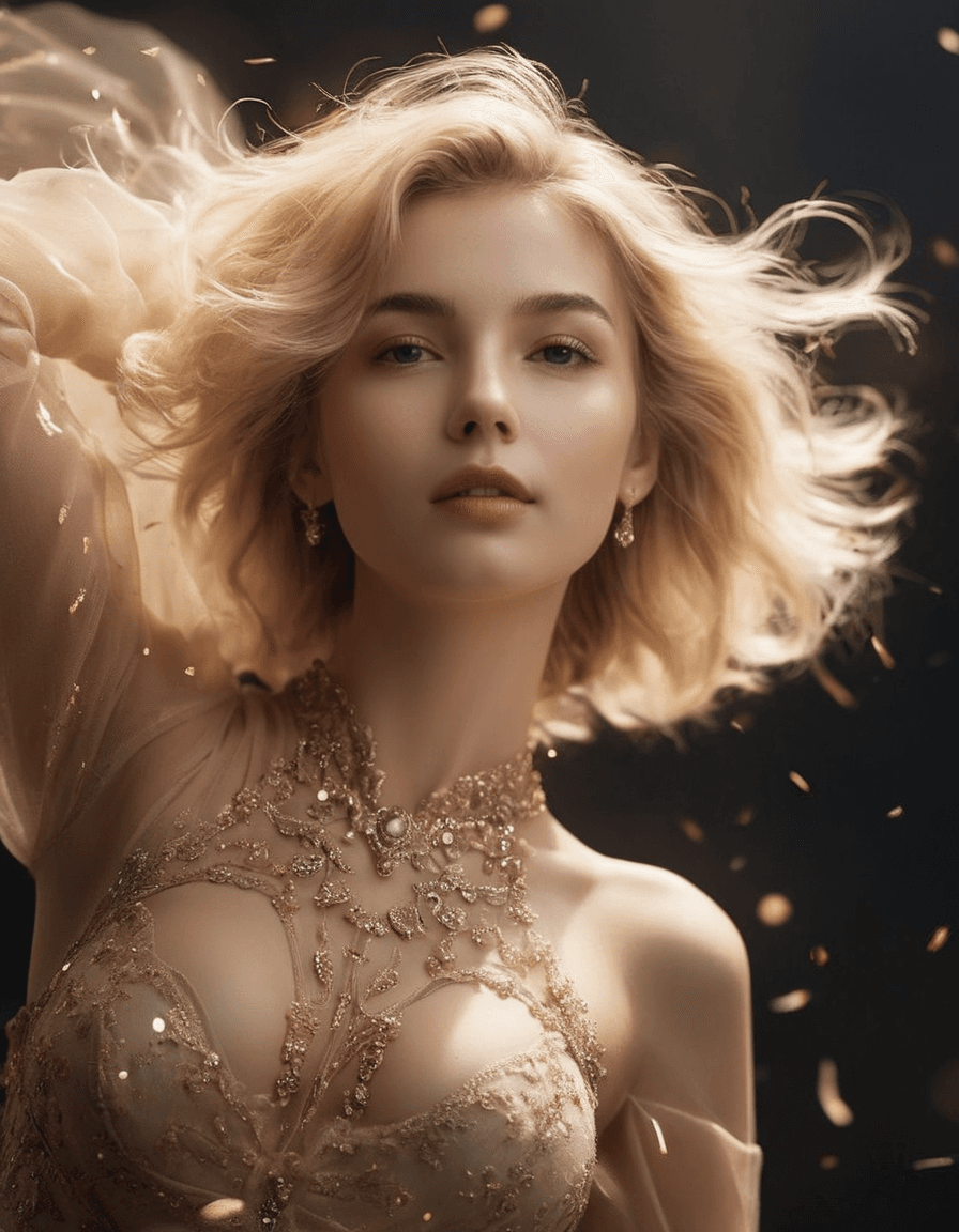 AI generated: blond woman with short hair, gold lace dress, gold necklace, large particles, cinematic lights, volu...