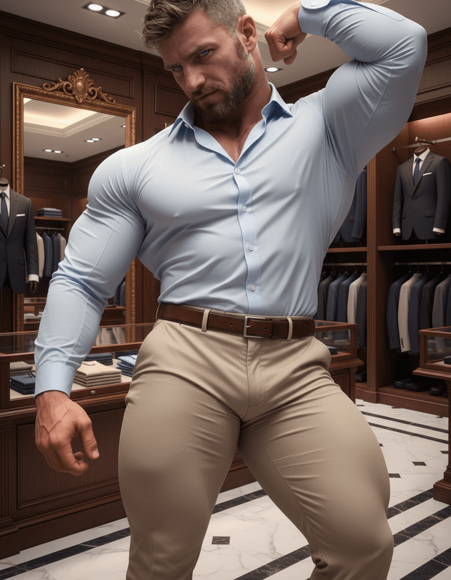 AI generated: At a very luxurious men's clothing store, the bodybuilder is white male, 6 feet 4 inches tall, he ha...