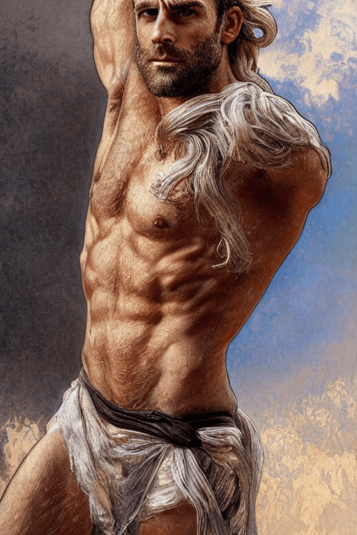 AI generated: painted portrait of rugged Emmanuel Macron, god of thunder, greek god, white hair, masculine, mature...