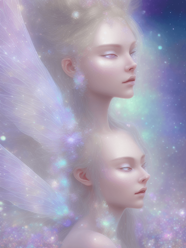 AI generated: Full body, Small highly detailed incorporeal fairy made of silvery light, Bokeh pollen specs multico...