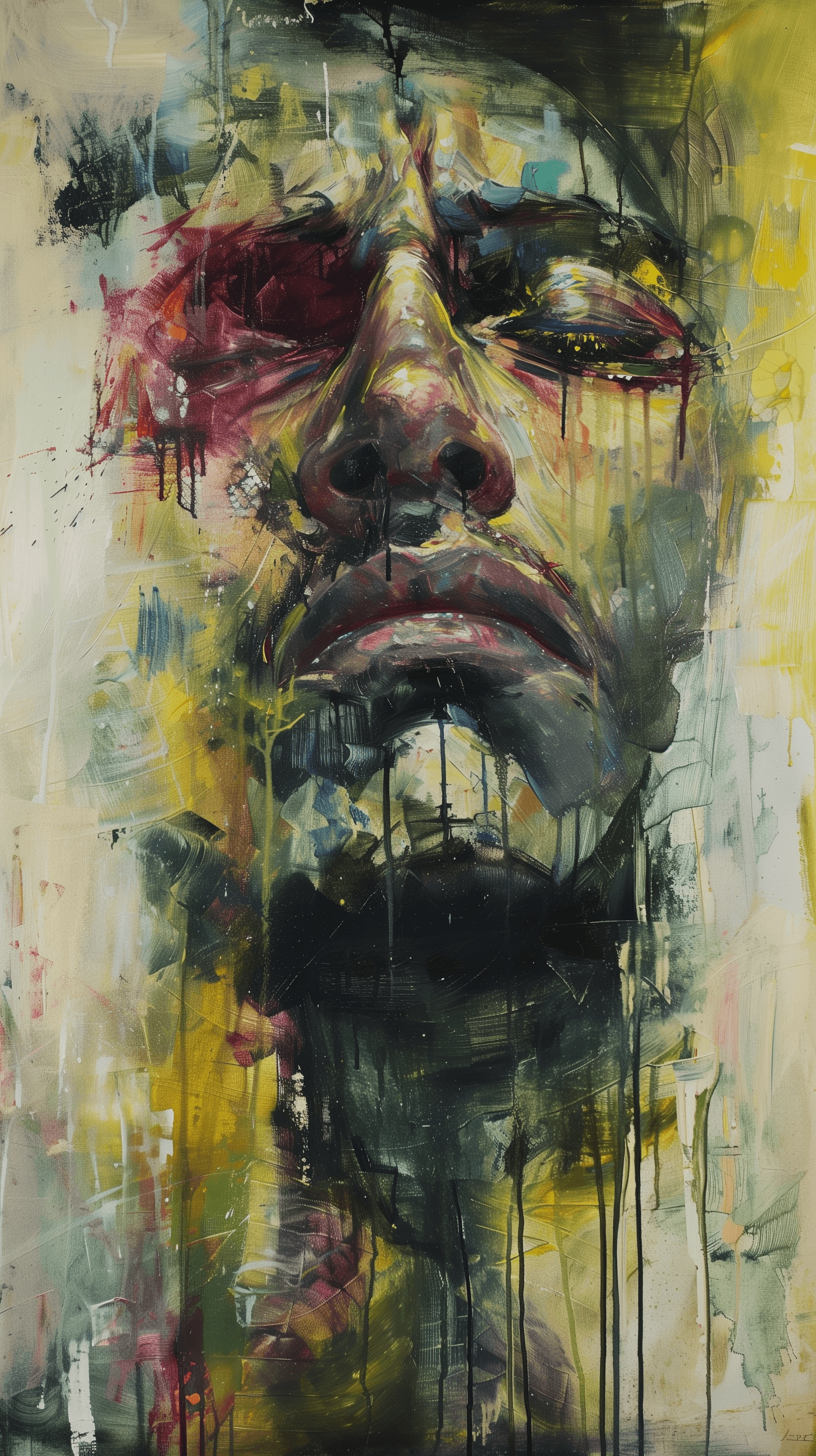 AI generated: artistic, oil painting, avant garde, man, agonized face, gaze, anomalous and dynamic colours, melanc...
