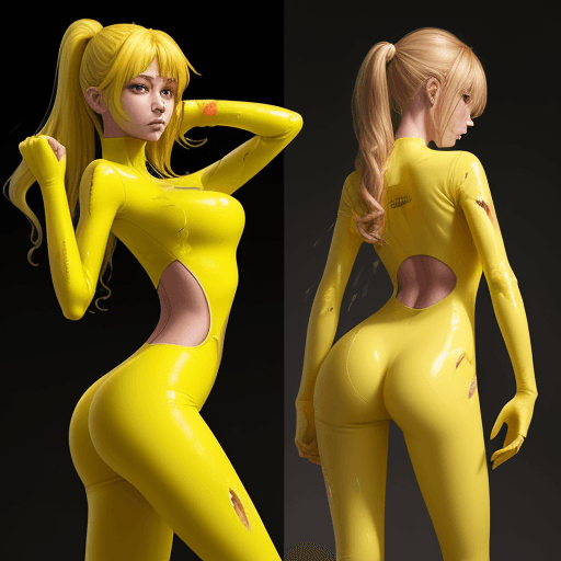 AI generated: Heroine, slime, yellow tight suit, battle torn suit