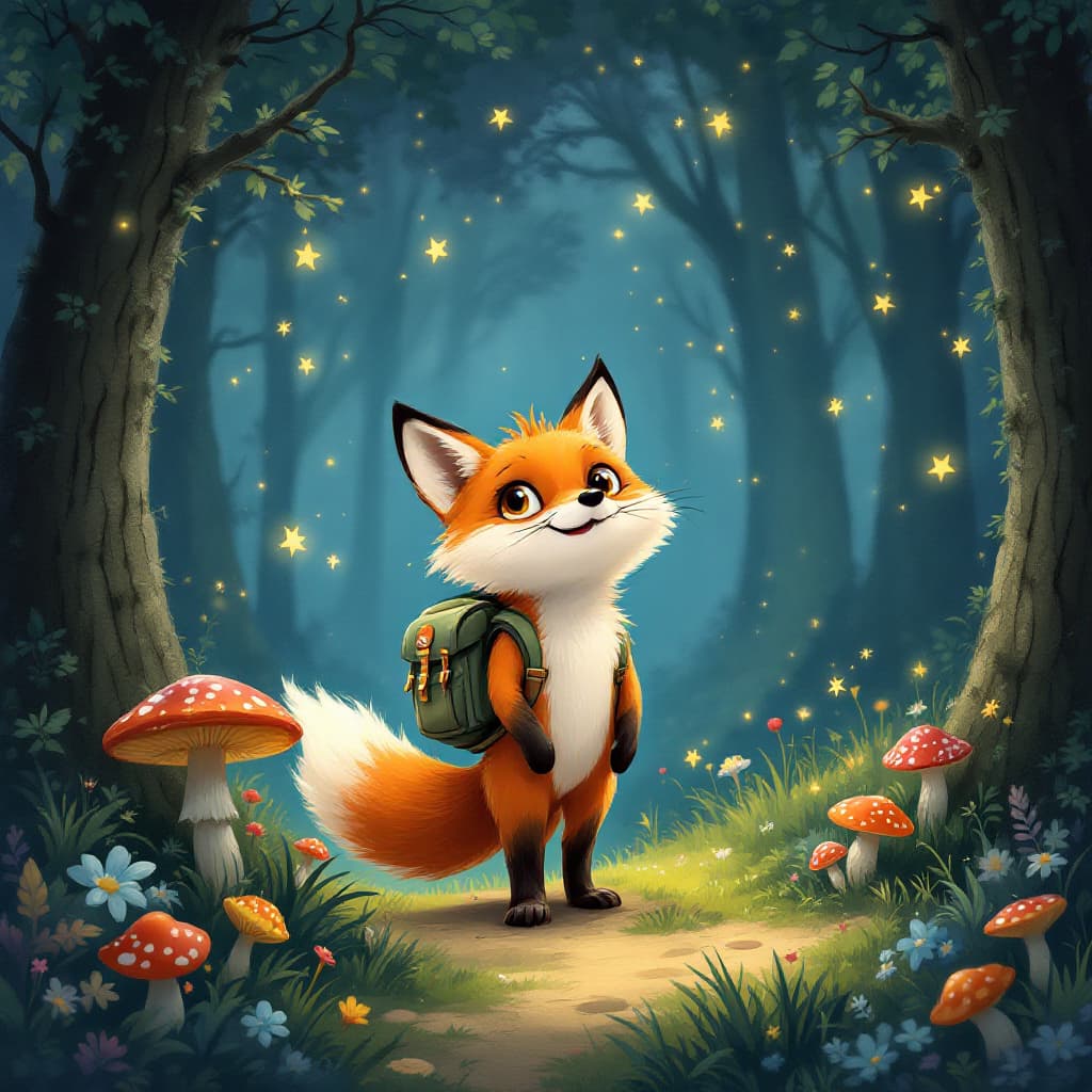 AI generated: A cheerful fox wearing a tiny backpack exploring a magical forest with mushrooms and sparkling firef...