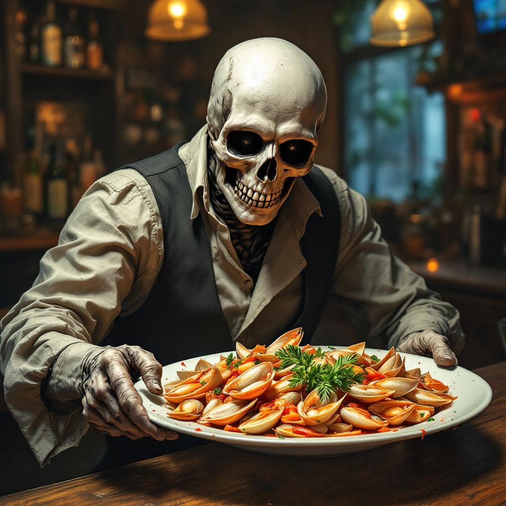 AI generated: Quiero la imagen de la muerte ofreciéndome un plato de almejas recién hecho. La imagen tiene que ser...