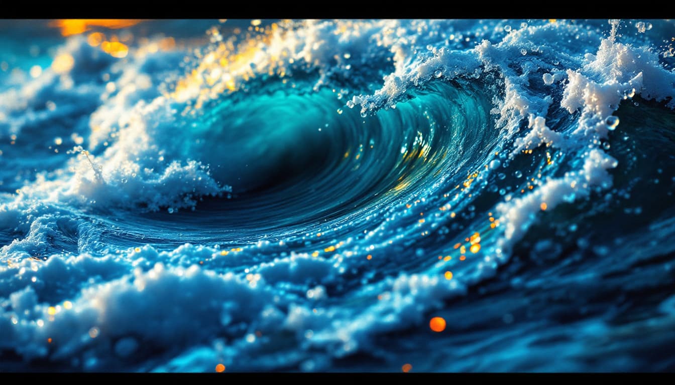 AI generated:  sea scape and giant rose pattern ocean wave with sea foam, in a shape of a rose, crashing on the sh...