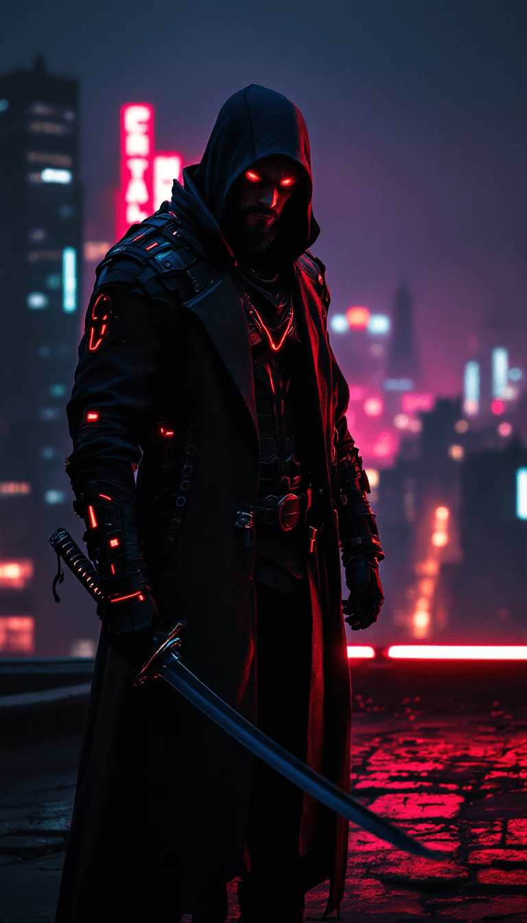 AI generated: A male assassin in a dark red cyber body suit with black accents. His eyes glow red. Beard, open fac...