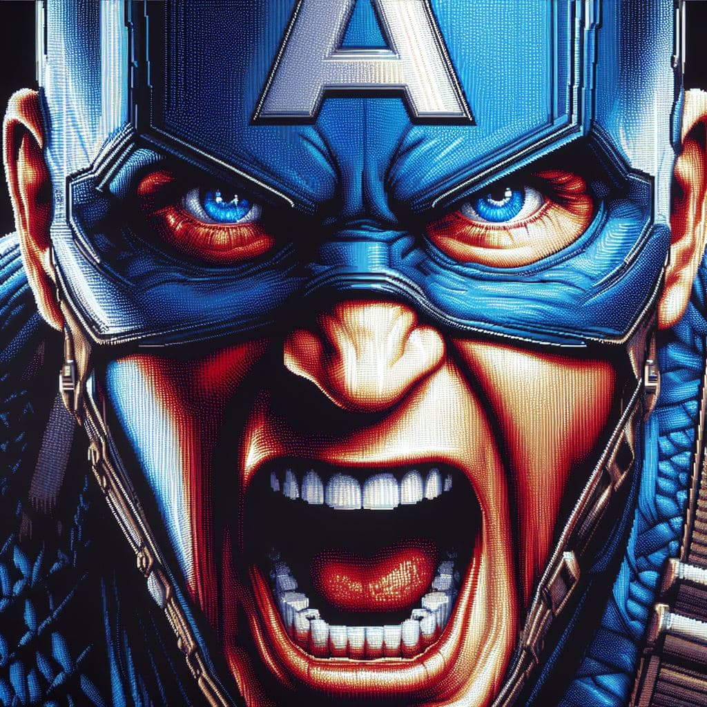 AI generated: Close-up of face of Captain America screaming, in a fit of rage, blue eyes, Masterpiece, gigantic sc...