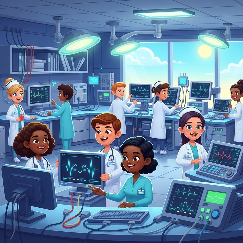 AI generated: Cartoon image of an electrophysiology lab, showing friendly, diverse technicians and nurses with fut...