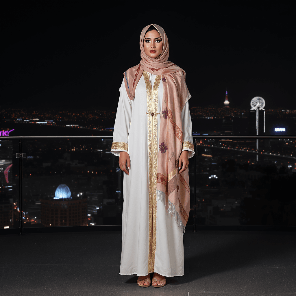 AI generated: Beautiful arab woman, model, showing her full body, wearing a simple and beautiful decorated robe an...