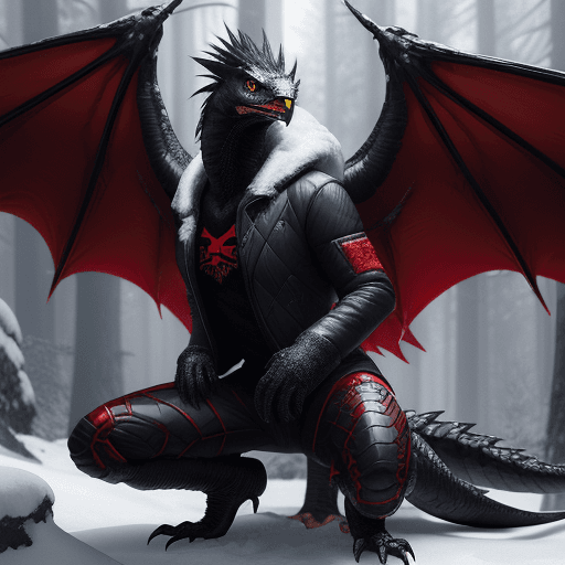 AI generated: handsome cute black dragon in snowy forest, wearing cyberpunk superman jacket red, dnd character, ba...