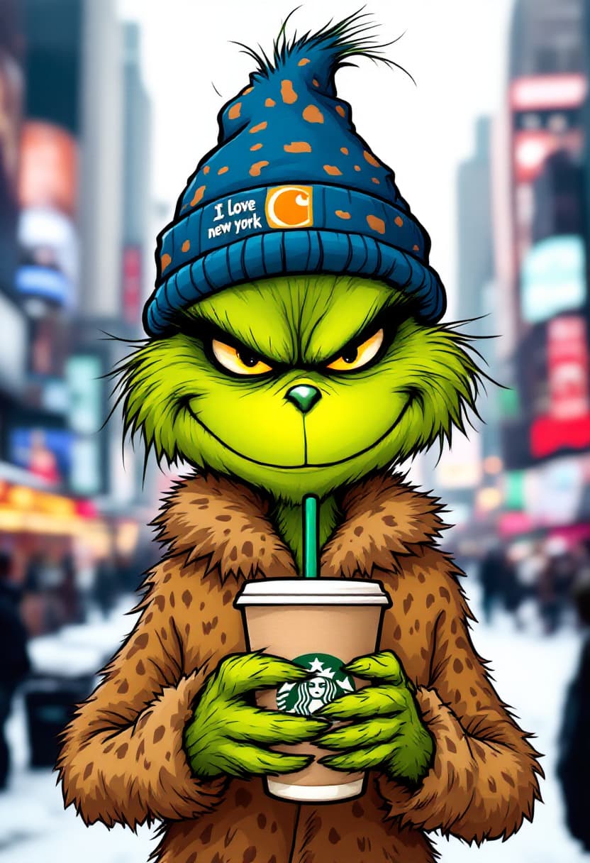 AI generated: 
The Grinch, depicted as a cartoon character, is holding a I love New York cup. He wears a blue, leo...