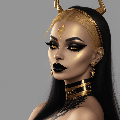 AI generated: A woman with golden skin wearing black lipstick and heavy eyeliner