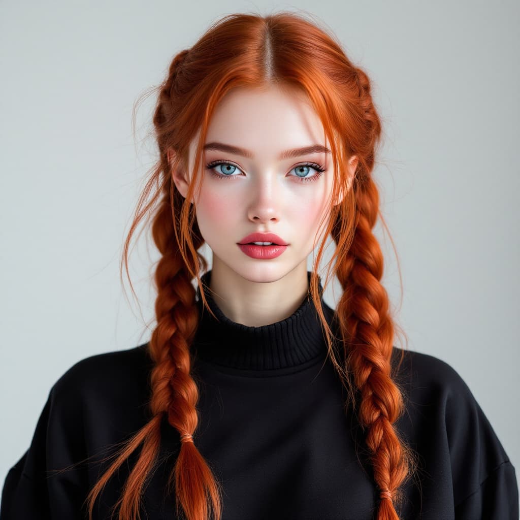 AI generated: Vogue Runway Model with long Pigtails in the style of red candycore hair, pale skin and light pink l...