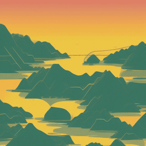 AI generated: Retro Sunset, Mountain Lake scene, green, gold, illustration, inspired by James Jean