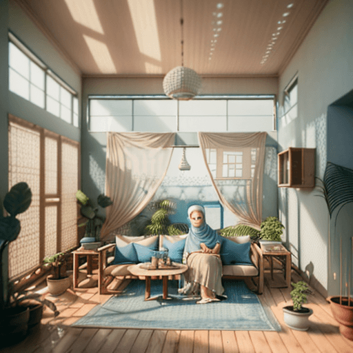 AI generated: hijab girl in bikini, High resolution photography interior design, dreamy sunken living room convers...
