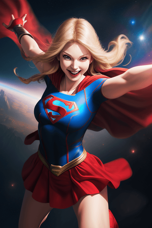 AI generated: inked, beautiful supergirl, flying pose, red skirt, cape, grin, athletic, space, volumetric lighting...