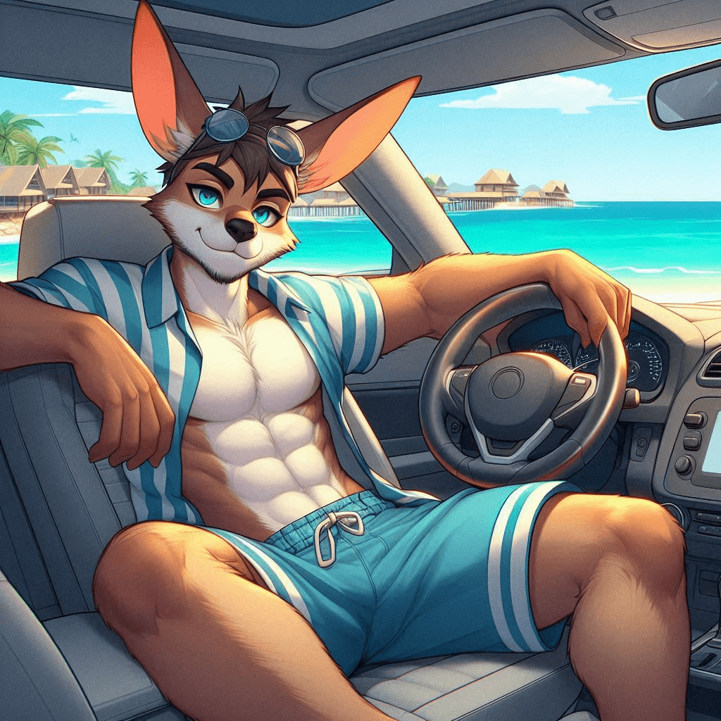 AI generated: Digital cartoon painting of a male anthropomorphic anime kangaroo sitting in the driver's seat of a ...
