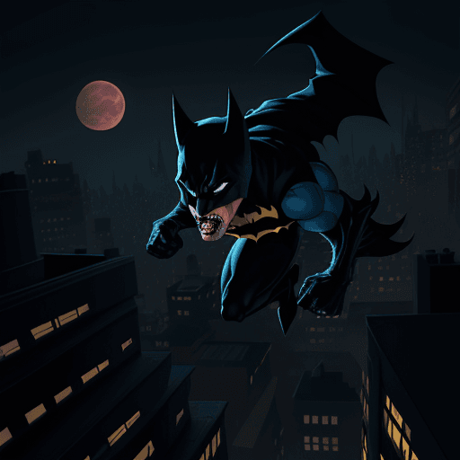 AI generated: A superhero werewolf is running and jumping,from roof top to rooftop, in a dark night city drawn in ...