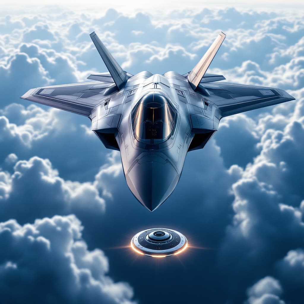 AI generated: highly advanced F-22 Raptor stealth fighter jet, flying across the blue sky, with a close-up view fr...