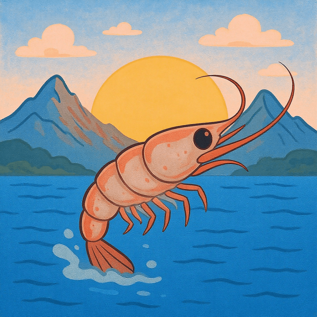 AI generated: Cartoon shrimp, curved body, looking to the side, set against a backdrop of a rising sun between two...
