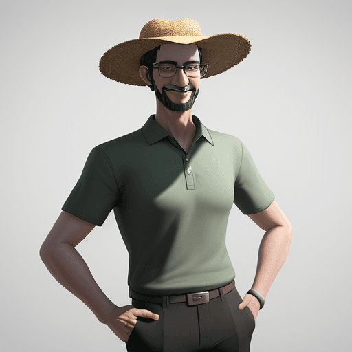 AI generated: A men, smilling gray short hair, black glasses, straw hat,  wearing a  green polo collar shirt writt...