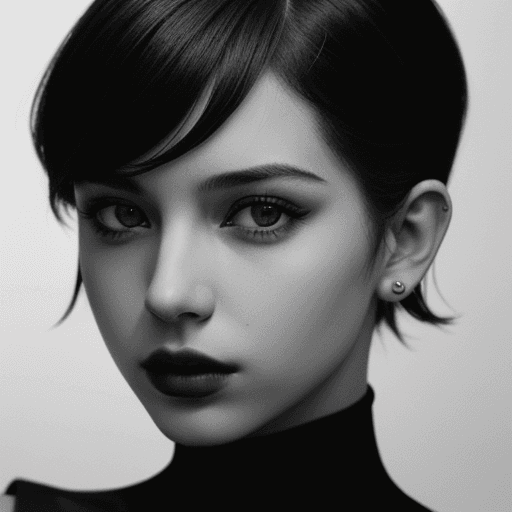 AI generated: A dramatic portrait of a young woman with a stylish haircut and piercing eyes. The photo is shot in ...