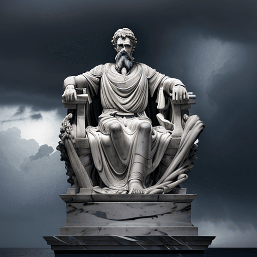 AI generated: In dark hues, a half-length marble sculpture of Marcus Aurelius, his face calm and introspective, st...