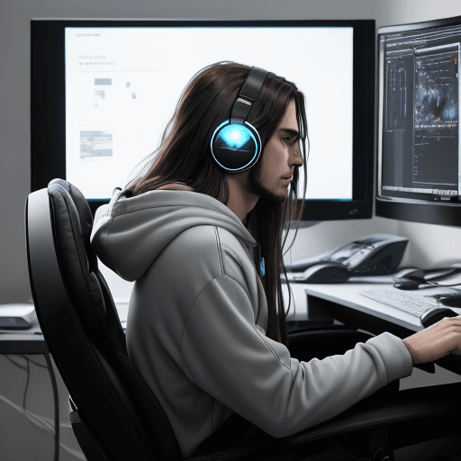 AI generated: guy, on gaming chair, wearing headphones, hoodie,  long hair, facing computer, side view, minimalist...