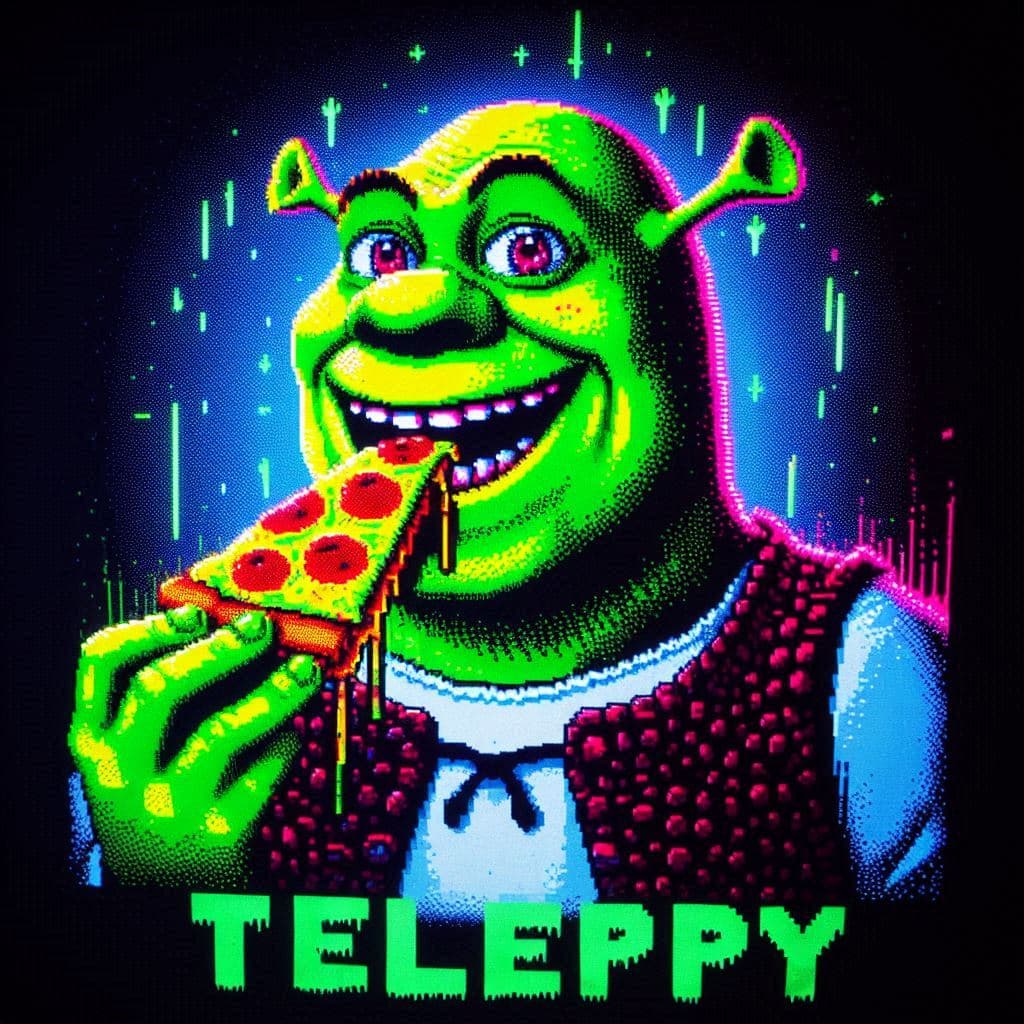 AI generated: Shrek representado con caracteres ascii debe tener una piel verde brillante. Está comiendo una pizza...