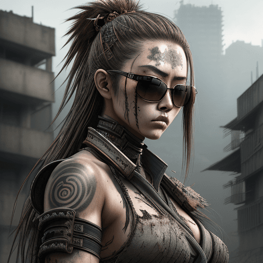 AI generated: a hyper realistic ultra detailed photograph of a samurai beautiful woman wearing sunglasses at a dys...