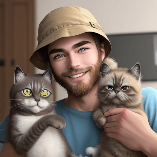 AI generated: /imagine prompt: Picture young man with cat, smile, happiness, dark blonde hair, medium length, dark...