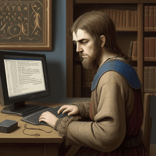 AI generated: early medieval style painting, computer programmer working with a computer, looking unhappy, viewed ...