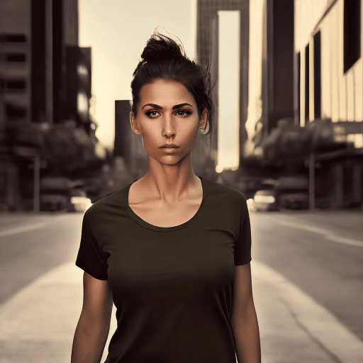 AI generated: photography, front view, dynamic range, female model, upper-body, black T-shirt, dark khaki cargo pa...