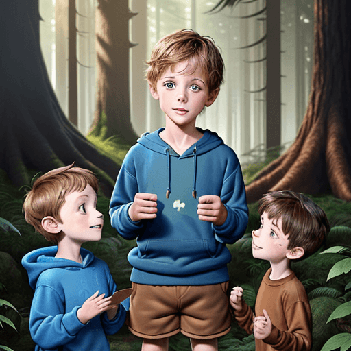 AI generated: 6-year-old Oliver in a blue sweatshirt and brown shorts met a group of friendly forest creatures who...