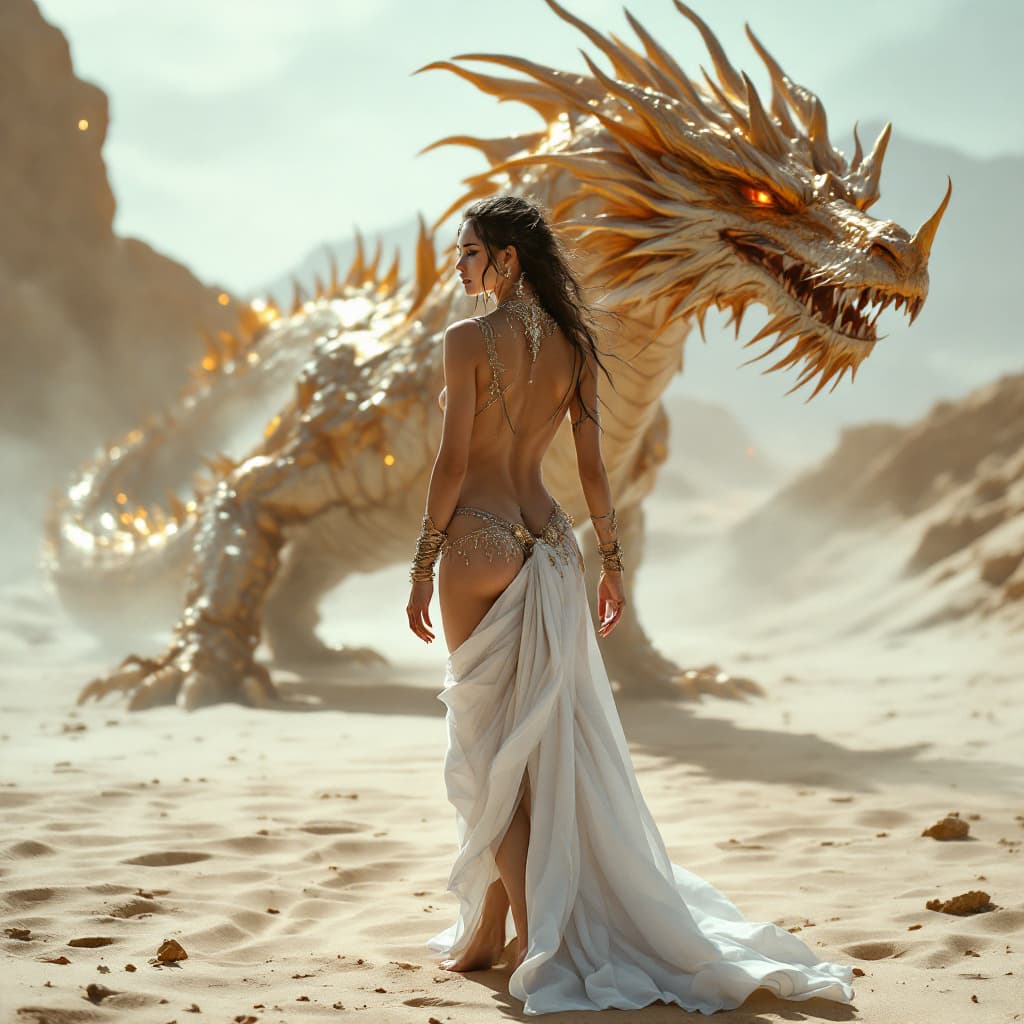 AI generated: a full body view  of a stunning woman princess with minimal wearing, barefoot on sandy floor, and in...
