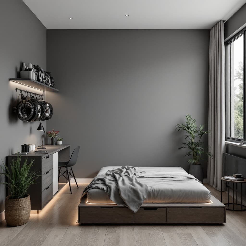 AI generated: A realistic modern bedroom studio, 8x5 meters, with a masculine tone. Grey walls, wooden floor, a sh...