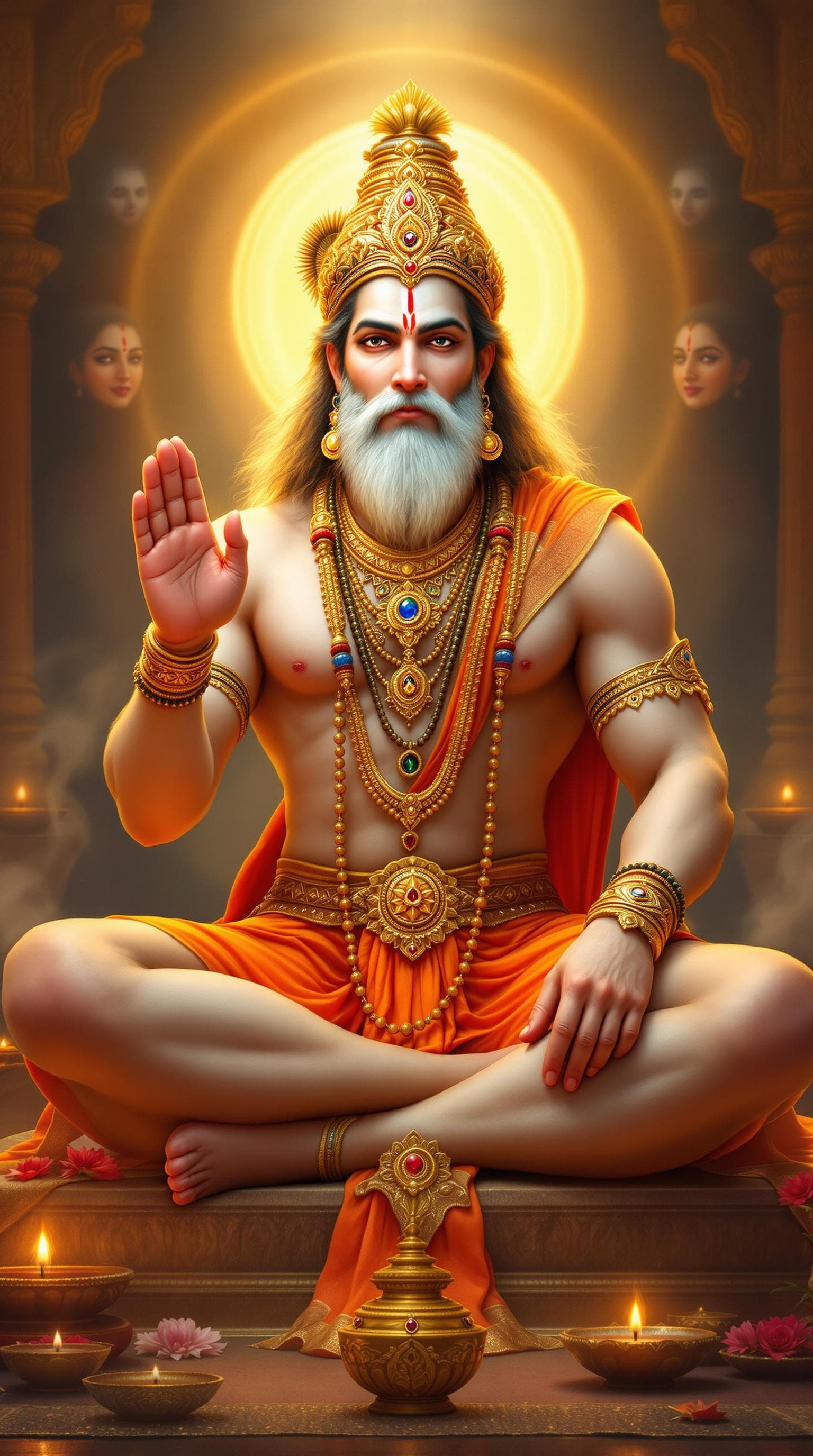 AI generated: "A divine and ultra-detailed full-body portrait of Lord Hanuman, seated gracefully in a blessing pos...