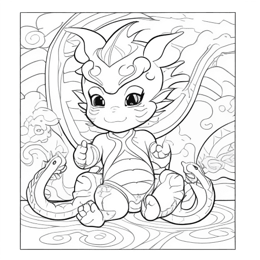 AI generated: coloring book just the art lines happy lucky baby dragon 