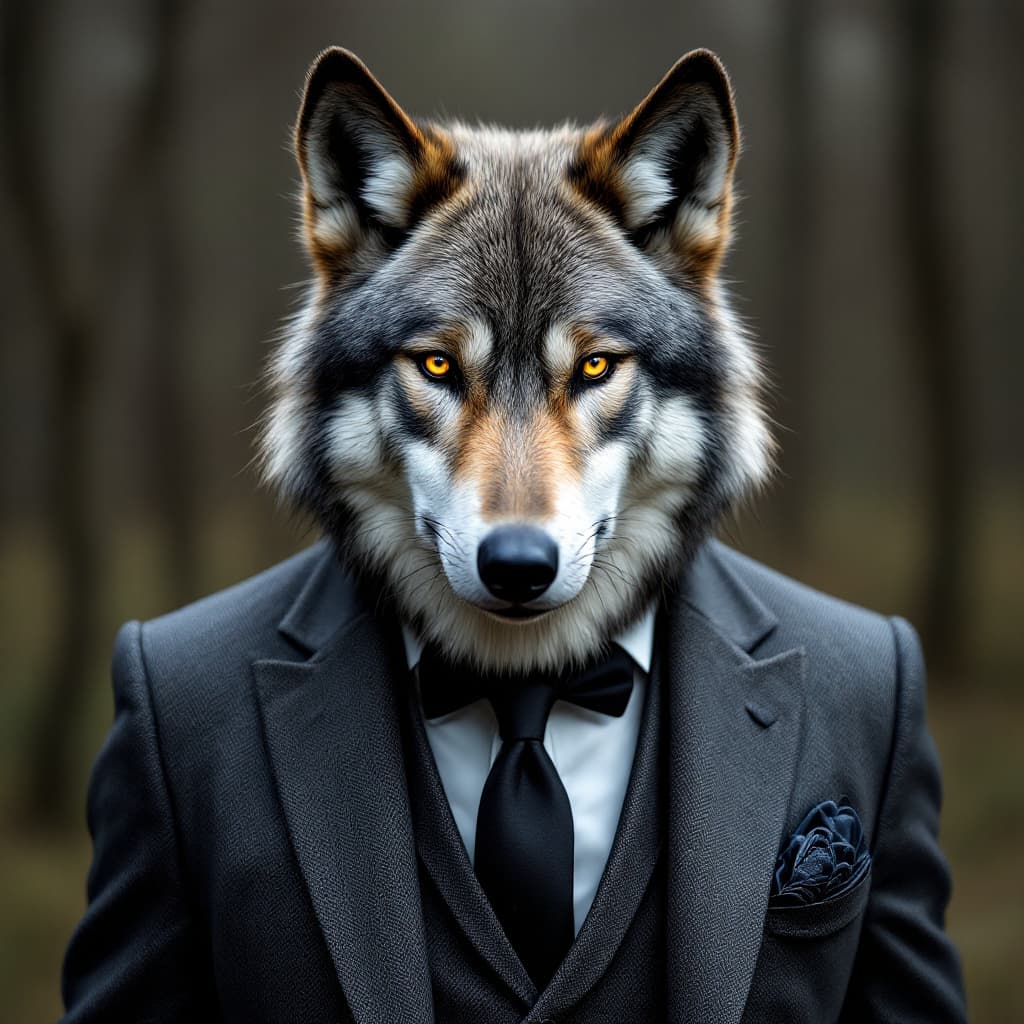 AI generated: High resolution stylish photography of a grey wolf wearing a classy suit doing photoshots facing the...