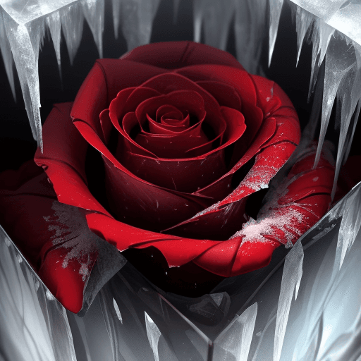 AI generated: close-up photo of a beautiful red rose breaking through a cube made of ice , splintered cracked ice ...