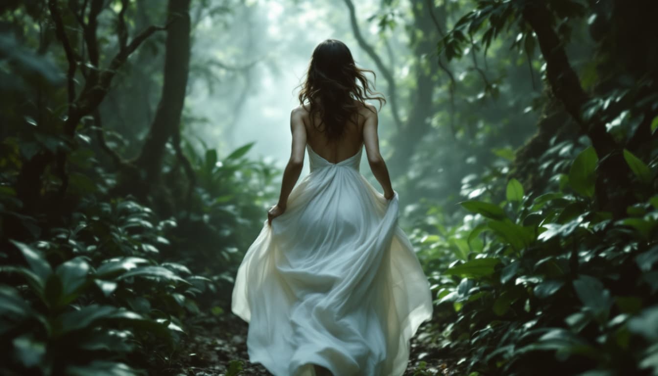 AI generated:  high definition camera shot from behind- a woman running  in white gown running in a deep jungle