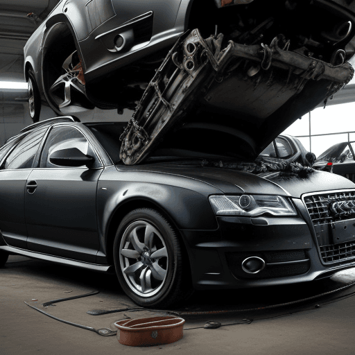 AI generated: Realistic, dramatic depiction of a car engine being repaired by auto mechanics. Black 2009 Audi a6 a...