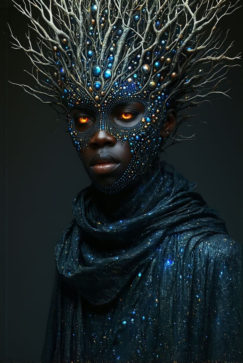 AI generated: A close-up portrait of a person wearing an ornate and otherworldly headdress and collar.

The image ...