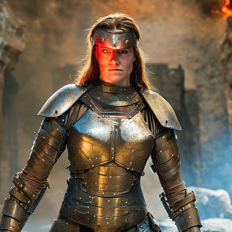 AI generated: a closeup photo of European female warrior in steel armor, intense expression, in the ruined temple,...